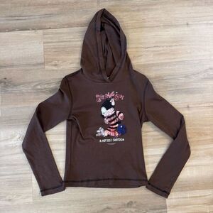 Y2K Mad Engine Petering Out A Hot Dog Cartoon Womens Brown Hoodie Size Medium